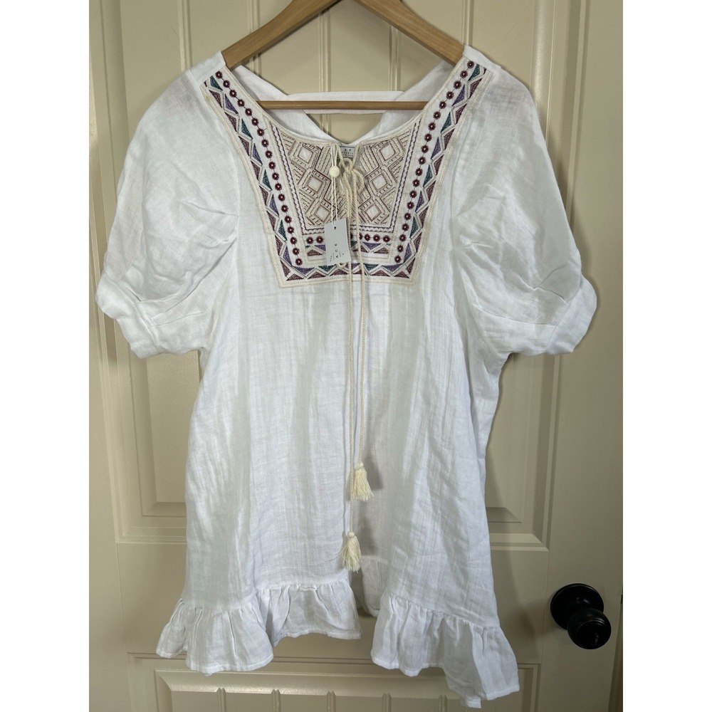 New Air Space Women Blouse Aprox L White Puffed Sleeve Boho Peasant Embroidered